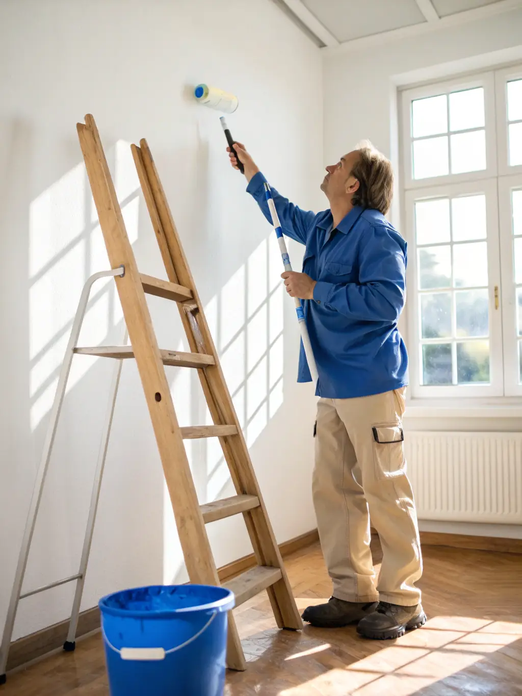 A painter applying a fresh coat of red paint to an interior wall, showcasing Dek Art Color's painting service.