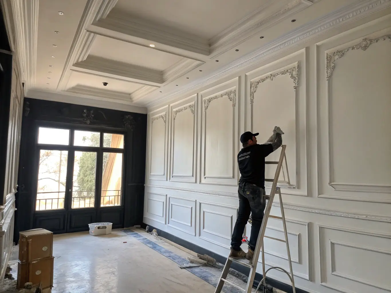 A team of craftsmen working on a modern apartment renovation, with fresh paint and new ceramic tiles, showcasing Dek Art Color's expertise in construction and renovation services.