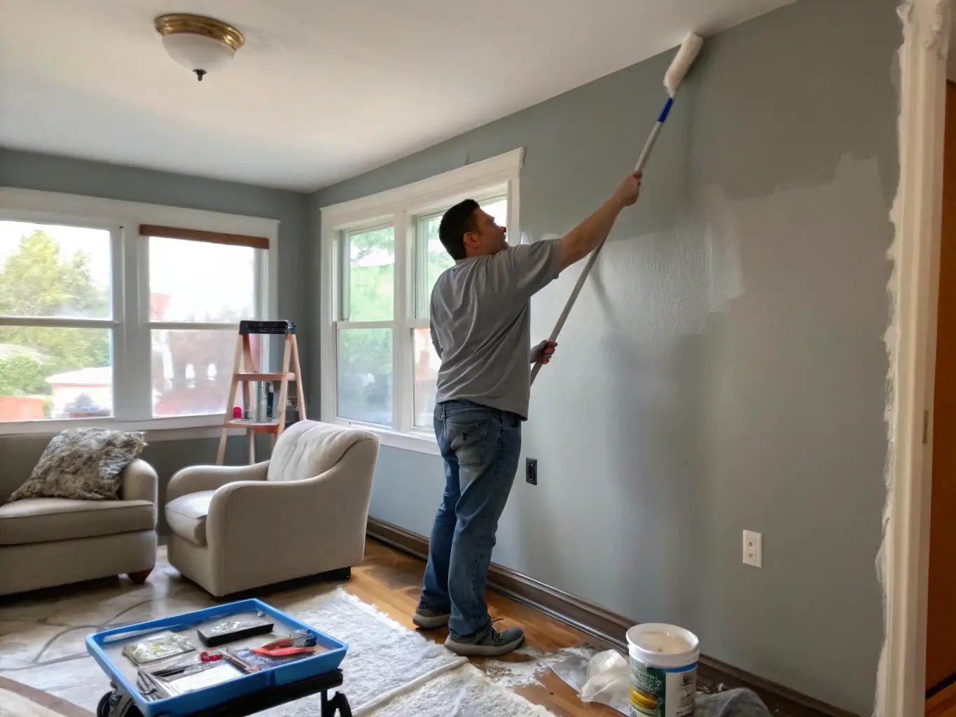 A painter applying fresh white paint to a living room wall with precision, demonstrating Dek Art Color's professional painting services.