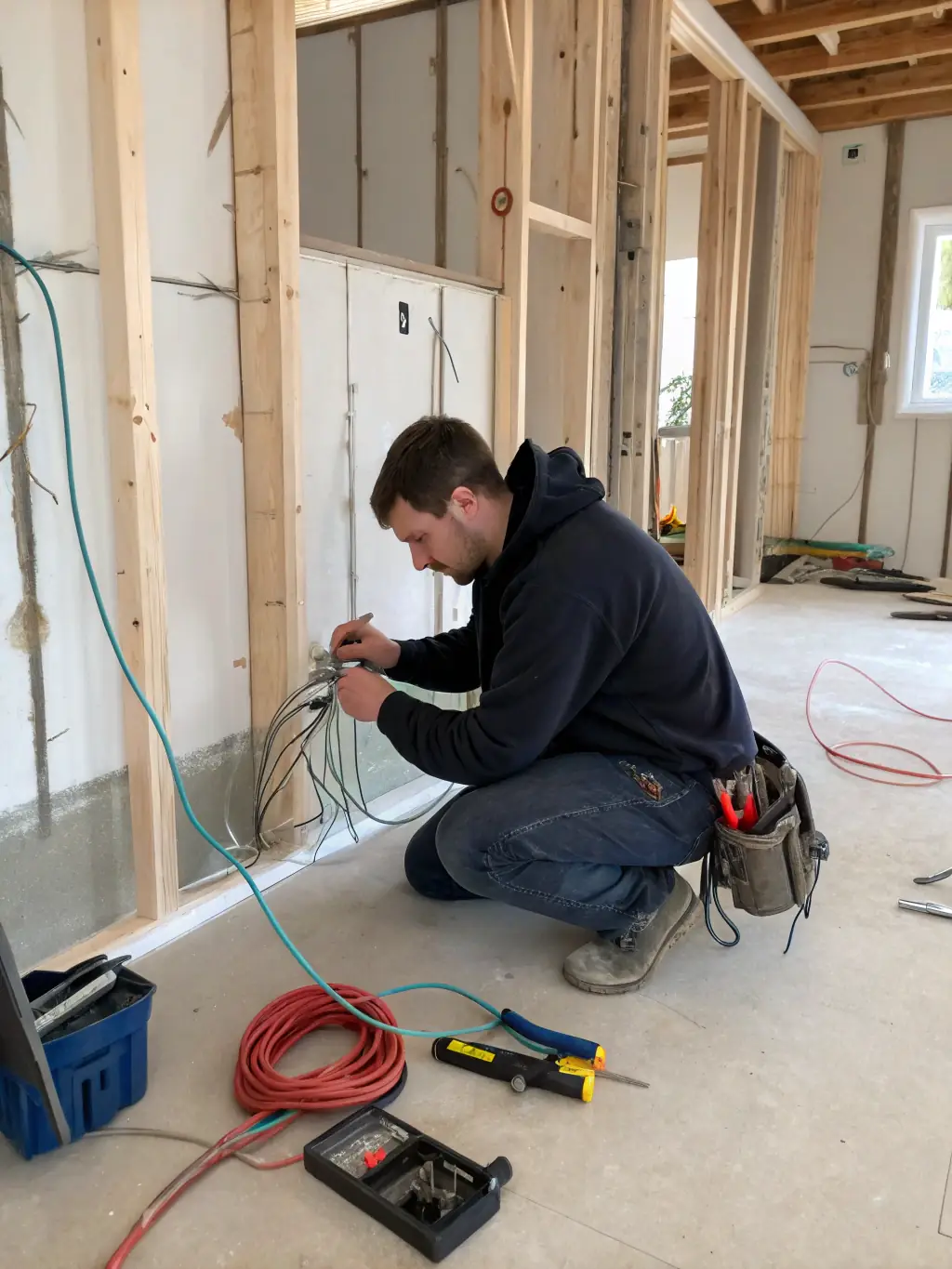 An electrician working on electrical wiring in a residential setting, demonstrating Dek Art Color's electrical service.