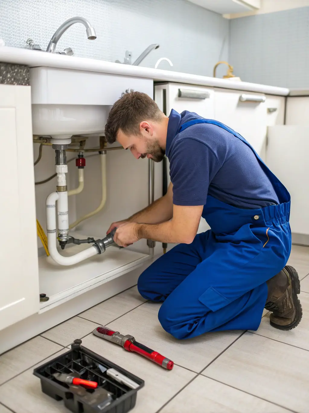 A plumber fixing a pipe under a sink, showcasing Dek Art Color's plumbing expertise.