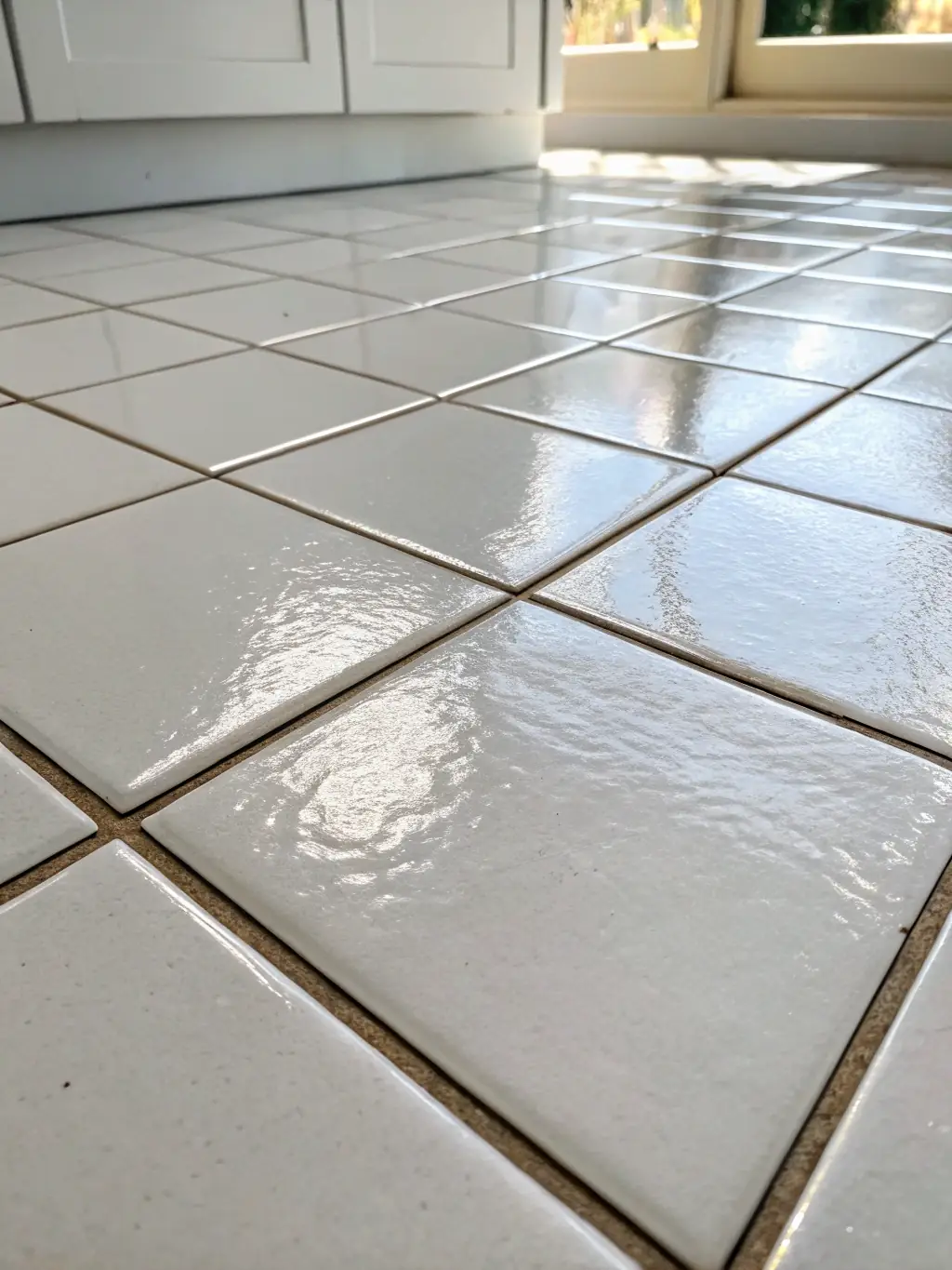 A close-up shot of newly installed ceramic tiles in a bathroom, highlighting the precision and quality of Dek Art Color's ceramic work.